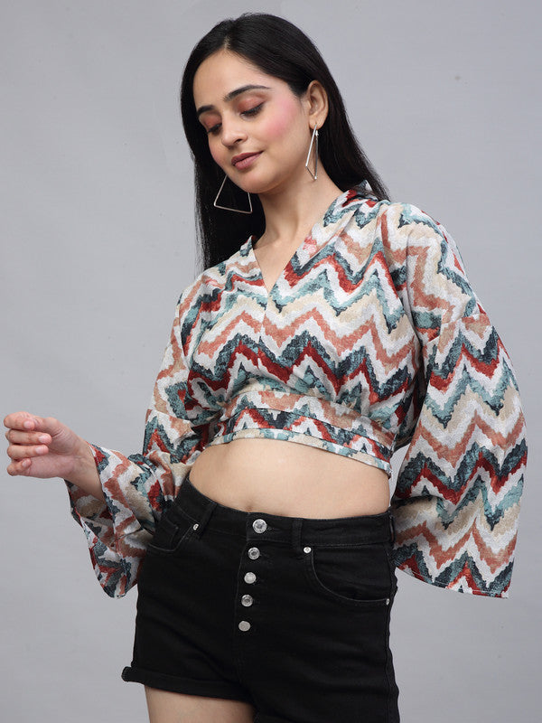 Multi & Peach Coloured Crepe Chevron/Zig Zag Printed V Neck Relaxed Fit Bishop Sleeve Women Party wear Western Crop Top!!