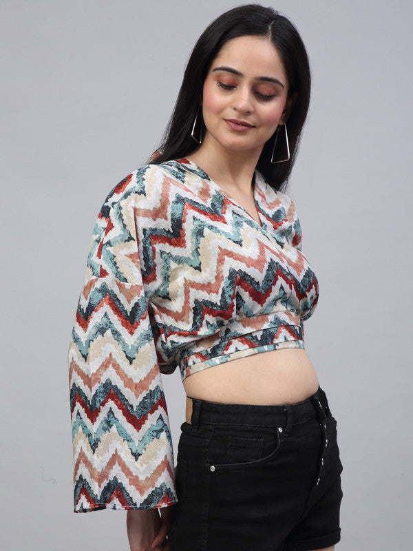 Multi & Peach Coloured Crepe Chevron/Zig Zag Printed V Neck Relaxed Fit Bishop Sleeve Women Party wear Western Crop Top!!