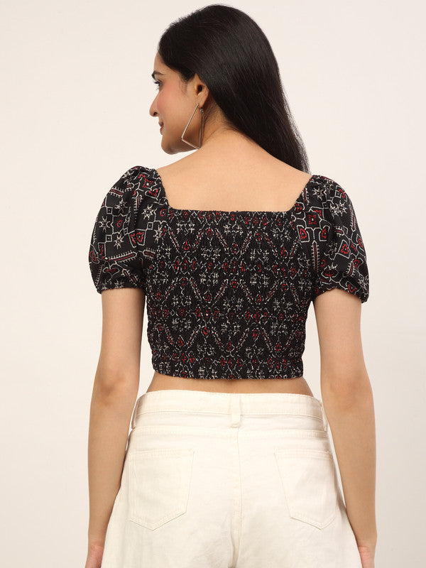 Black & Red Coloured Crepe Printed Square Neck Slim Fit Puff Sleeves Party wear Western Top!!