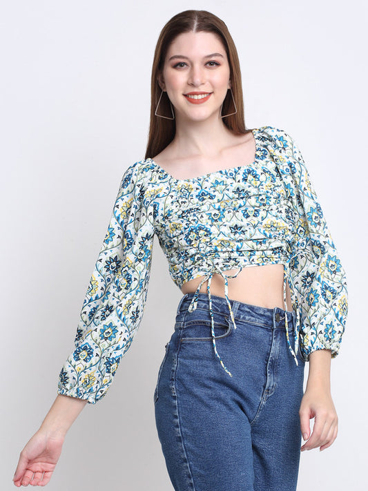 Blue & White Coloured Crepe Ikat Flora Printed Square Neck Slim Fit Roll Up Sleeves Women Party wear Western Blouson Top!!