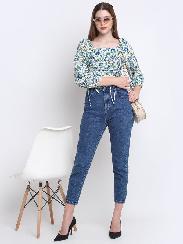 Blue & White Coloured Crepe Ikat Flora Printed Square Neck Slim Fit Roll Up Sleeves Women Party wear Western Blouson Top!!