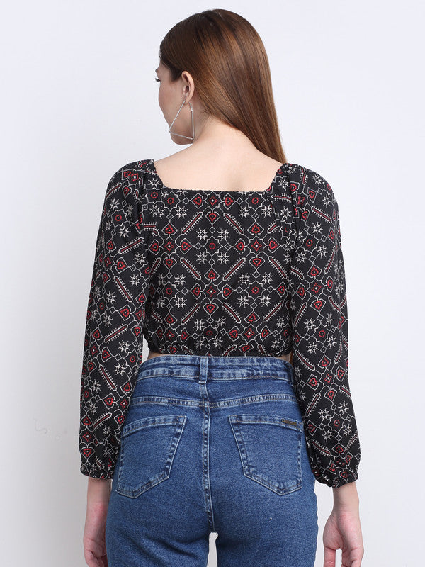 Black & Red Coloured Crepe Printed Square Neck Relaxed Roll Up Sleeves Beach wear Western Blouson Top!!