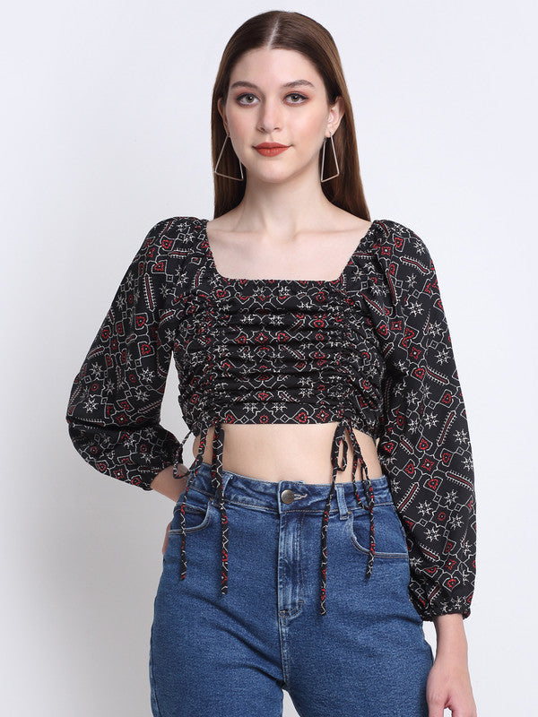 Black & Red Coloured Crepe Printed Square Neck Relaxed Roll Up Sleeves Beach wear Western Blouson Top!!