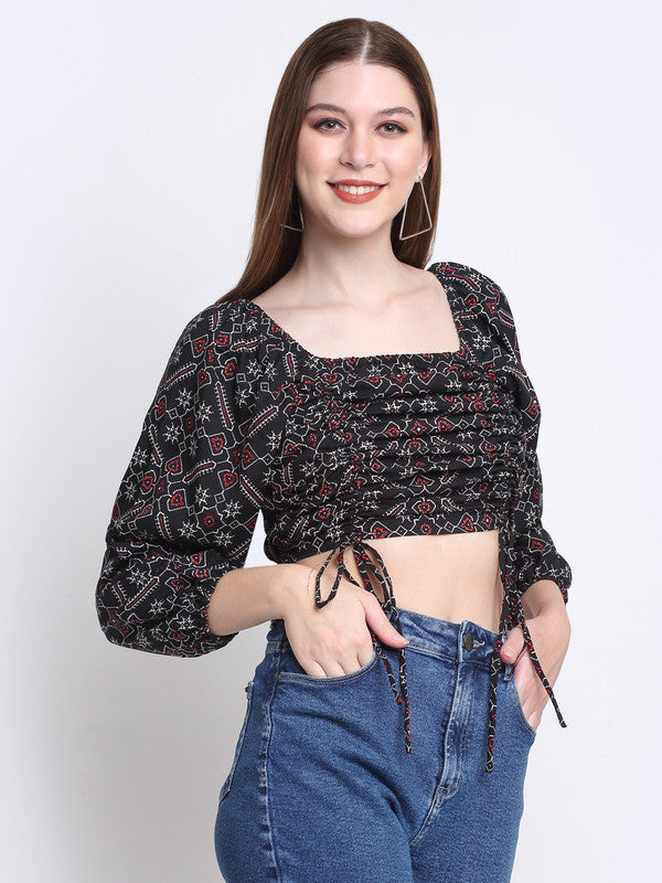 Black & Red Coloured Crepe Printed Square Neck Relaxed Roll Up Sleeves Beach wear Western Blouson Top!!