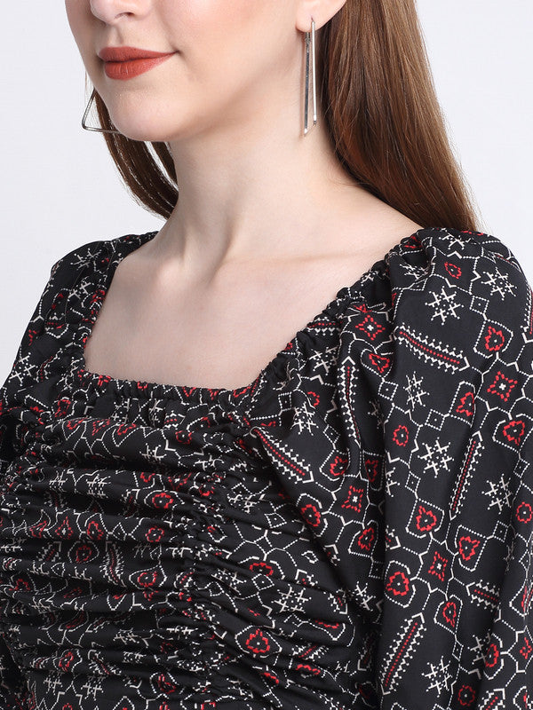 Black & Red Coloured Crepe Printed Square Neck Relaxed Roll Up Sleeves Beach wear Western Blouson Top!!