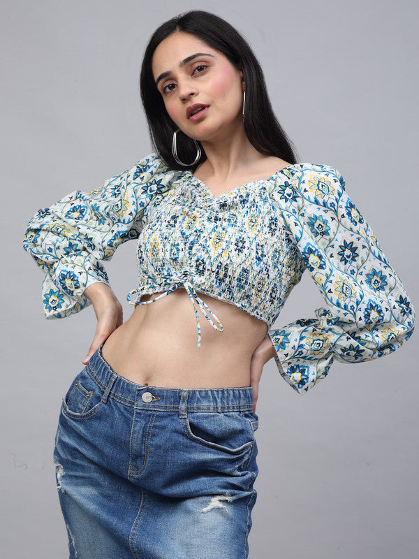 Blue & White Coloured Crepe Ikat Printed V-Neck Relaxed Bell Sleeves Women Beach wear Western Crop Top!!