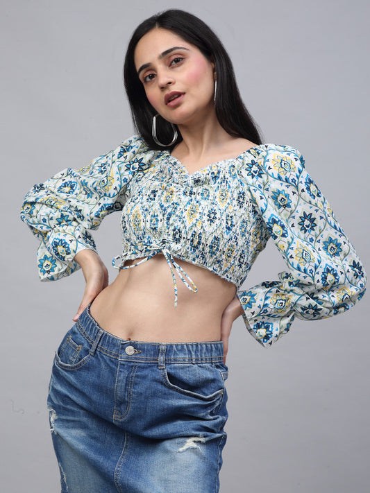 Blue & White Coloured Crepe Ikat Printed V-Neck Relaxed Bell Sleeves Women Beach wear Western Crop Top!!