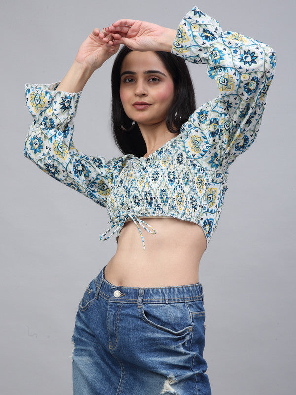 Blue & White Coloured Crepe Ikat Printed V-Neck Relaxed Bell Sleeves Women Beach wear Western Crop Top!!