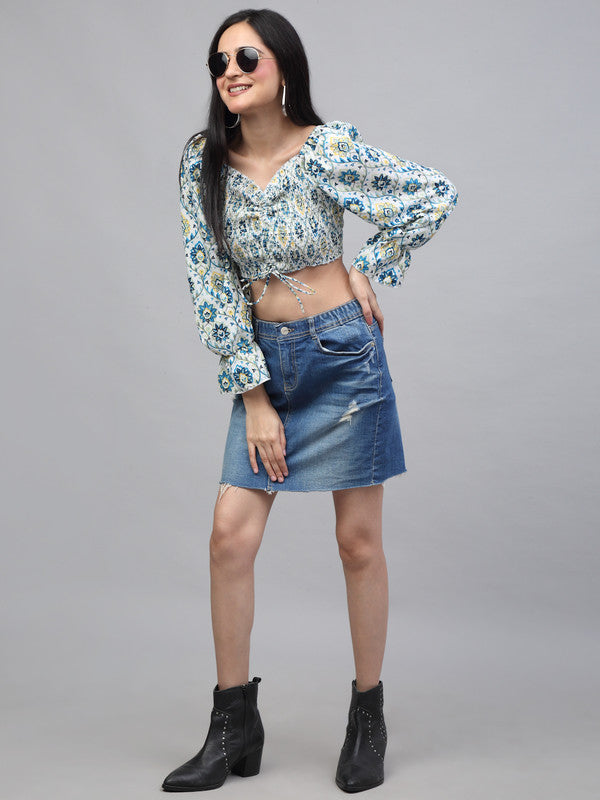 Blue & White Coloured Crepe Ikat Printed V-Neck Relaxed Bell Sleeves Women Beach wear Western Crop Top!!