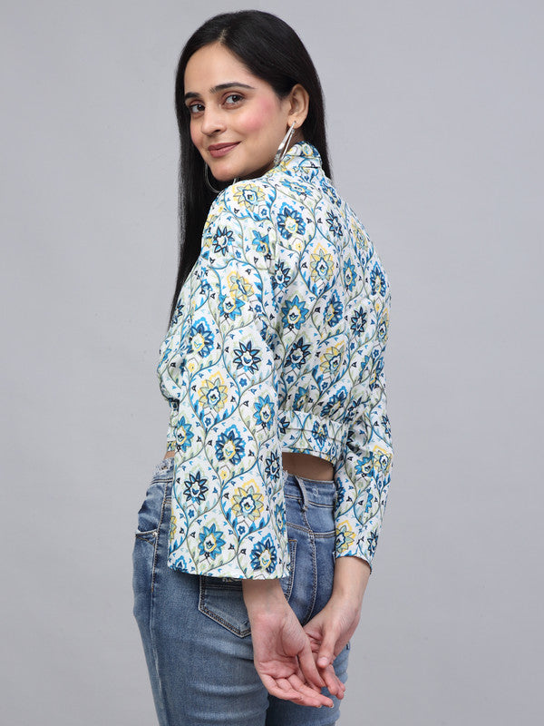 Blue & White Coloured Crepe Ikat Flora Printed V-Neck Flared Sleeves Women Party wear Western Crop Top!!