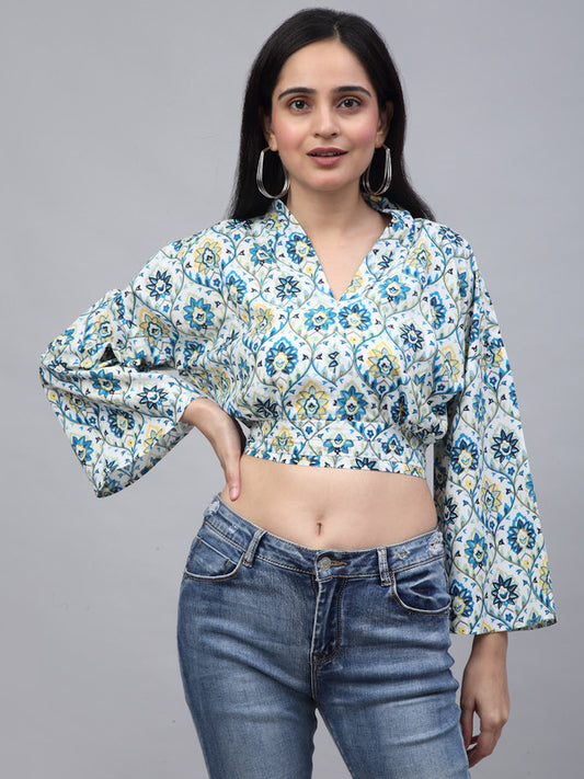 Blue & White Coloured Crepe Ikat Flora Printed V-Neck Flared Sleeves Women Party wear Western Crop Top!!