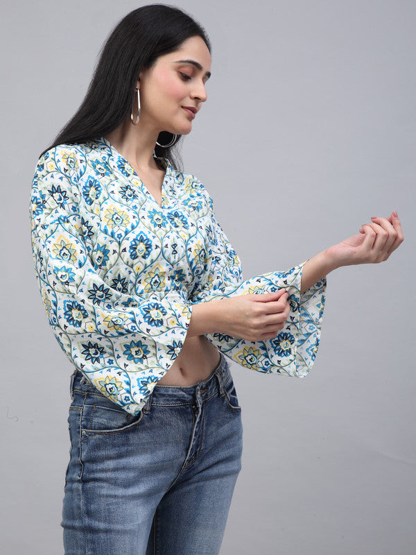 Blue & White Coloured Crepe Ikat Flora Printed V-Neck Flared Sleeves Women Party wear Western Crop Top!!