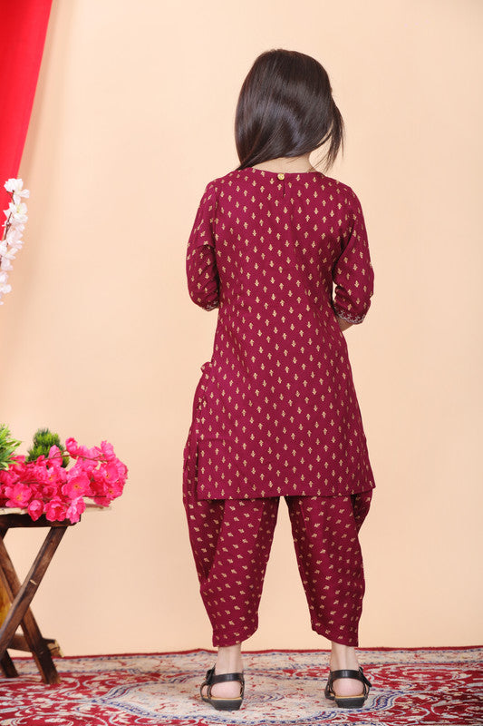 Maroon Coloured Premium Rayon with Beautiful Print & Embroidery work Girls Kids Designer Party wear Kurti with Dhoti!!