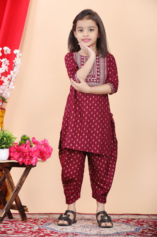 Maroon Coloured Premium Rayon with Beautiful Print & Embroidery work Girls Kids Designer Party wear Kurti with Dhoti!!