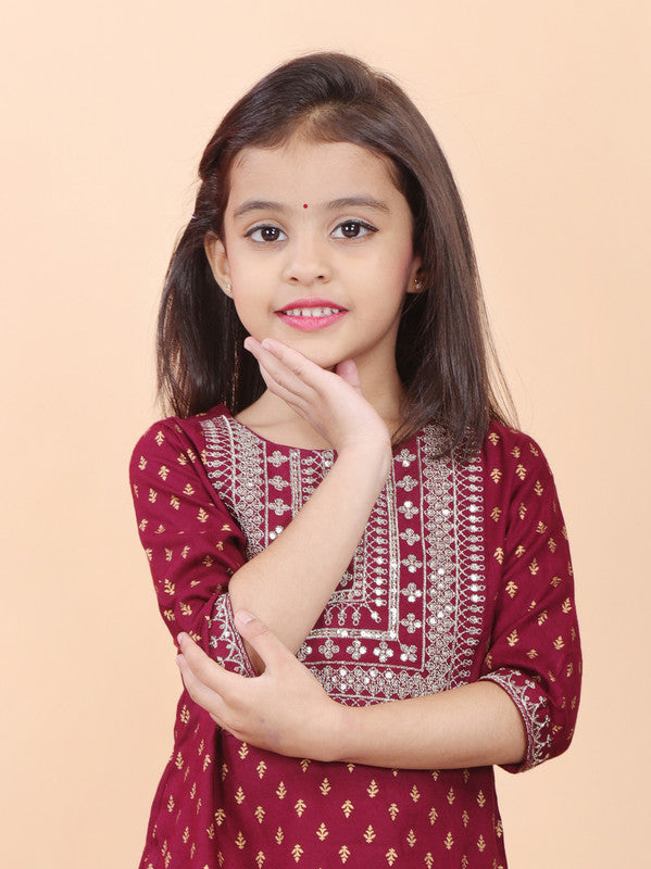 Maroon Coloured Premium Rayon with Beautiful Print & Embroidery work Girls Kids Designer Party wear Kurti with Dhoti!!