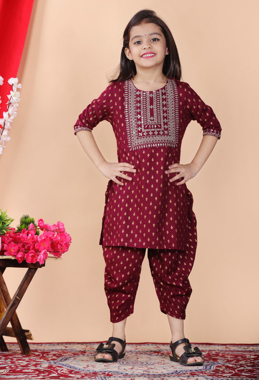 Maroon Coloured Premium Rayon with Beautiful Print & Embroidery work Girls Kids Designer Party wear Kurti with Dhoti!!