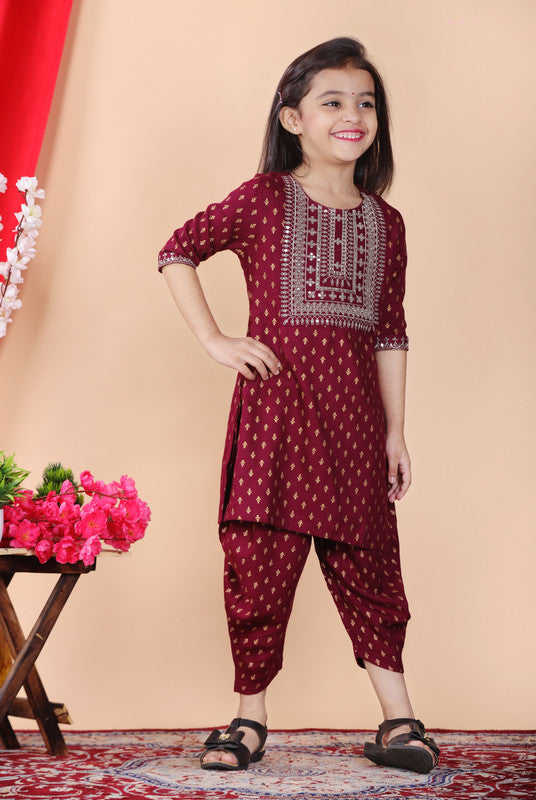 Maroon Coloured Premium Rayon with Beautiful Print & Embroidery work Girls Kids Designer Party wear Kurti with Dhoti!!