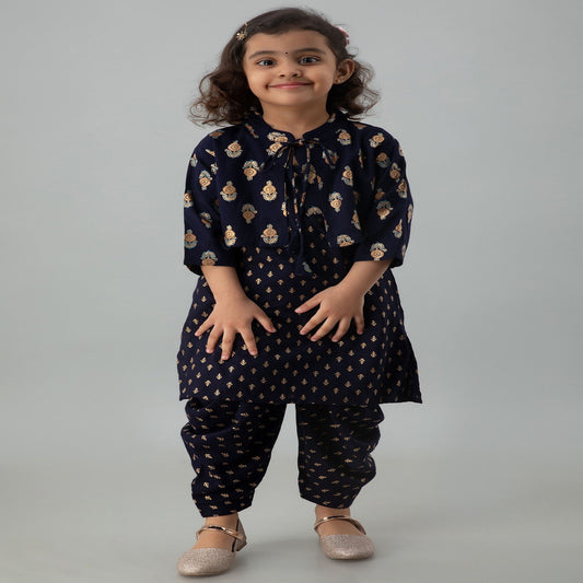 Blue Coloured Premium Rayon with Beautiful Print Sleeveless Girls Kids Designer Party wear Kurti with Dhoti & Jacket!!