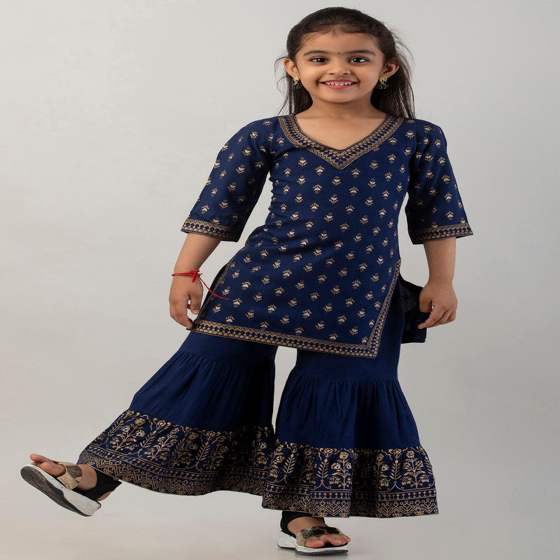 Blue Coloured Premium Rayon with Beautiful Print Sleeveless Girls Kids Designer Party wear Kurti with Sharara!!