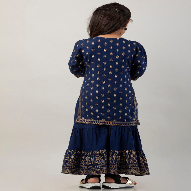 Blue Coloured Premium Rayon with Beautiful Print Sleeveless Girls Kids Designer Party wear Kurti with Sharara!!