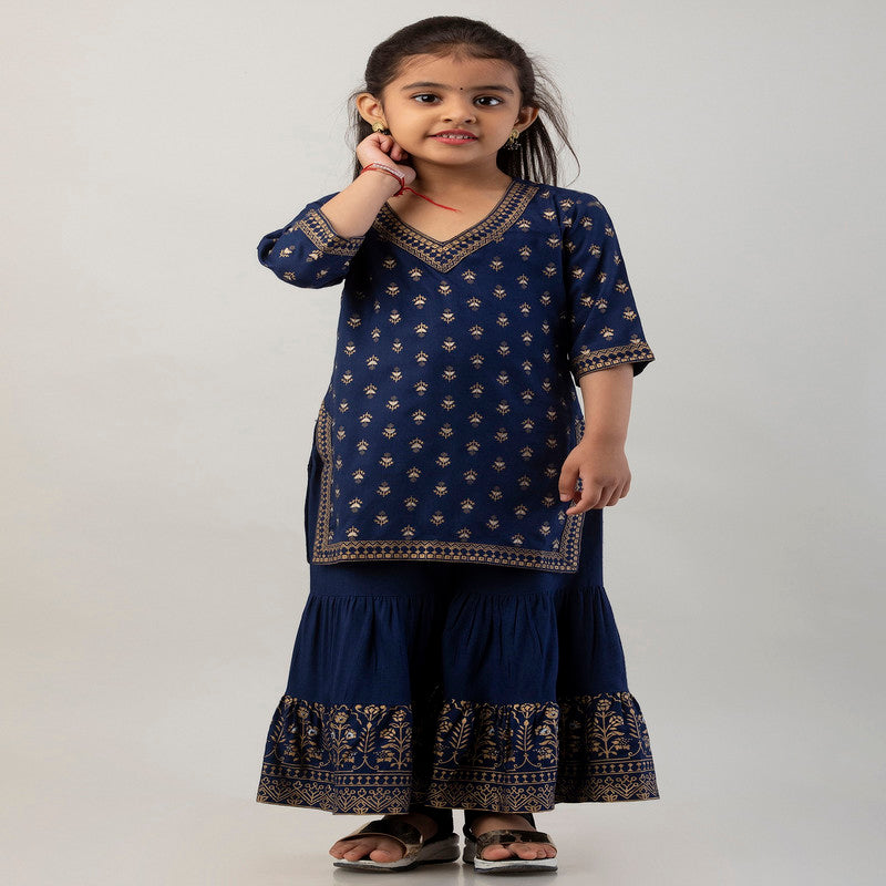 Blue Coloured Premium Rayon with Beautiful Print Sleeveless Girls Kids Designer Party wear Kurti with Sharara!!