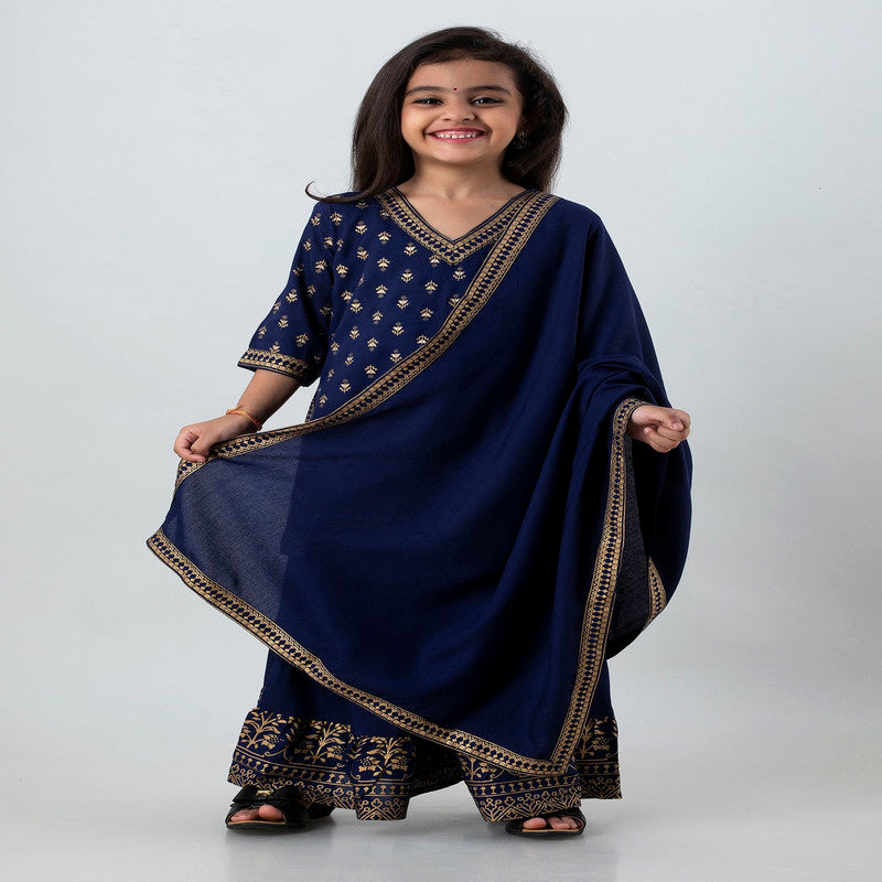 Blue Coloured Premium Rayon with Beautiful Print Regular sleeves Girls Kids Designer Party wear Kurti Sharara Dupatta Set!!