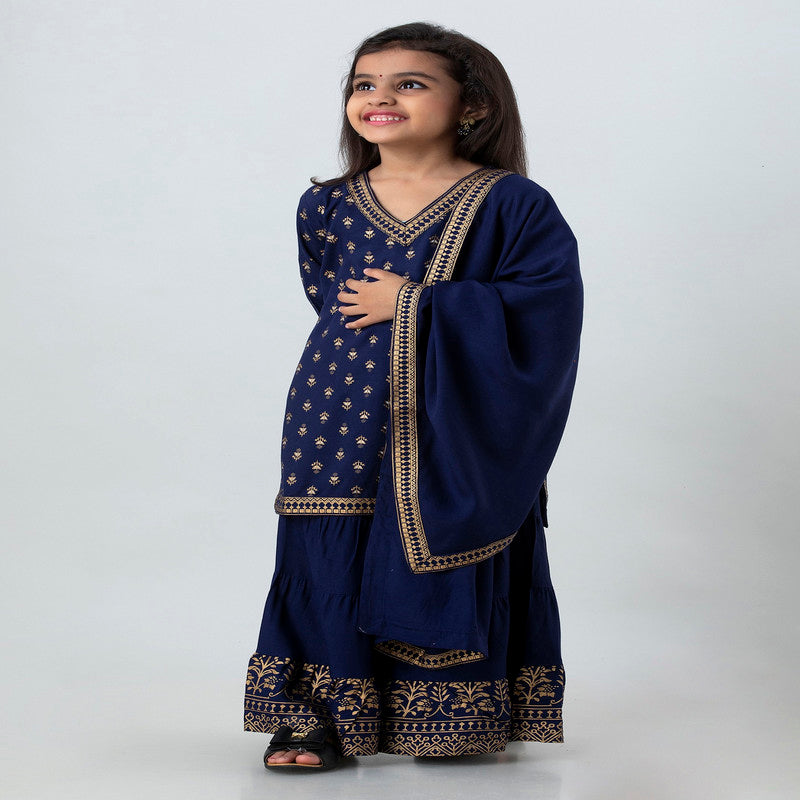 Blue Coloured Premium Rayon with Beautiful Print Regular sleeves Girls Kids Designer Party wear Kurti Sharara Dupatta Set!!