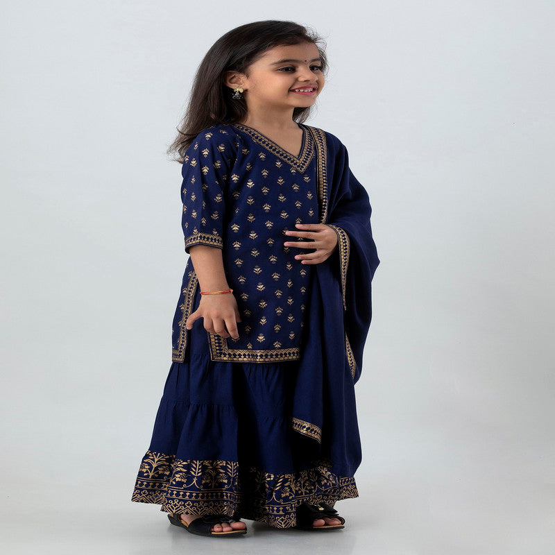 Blue Coloured Premium Rayon with Beautiful Print Regular sleeves Girls Kids Designer Party wear Kurti Sharara Dupatta Set!!