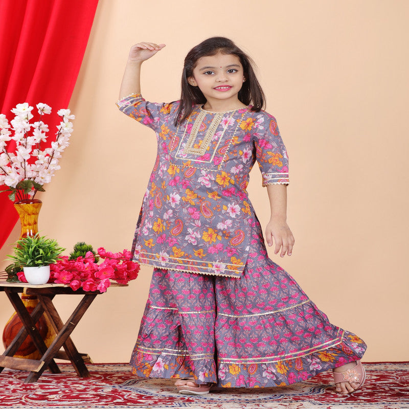 Multi Coloured Pure Cotton with Beautiful Print & Embroidery work Girls Kids Designer Party wear Kurti with Sharara!!