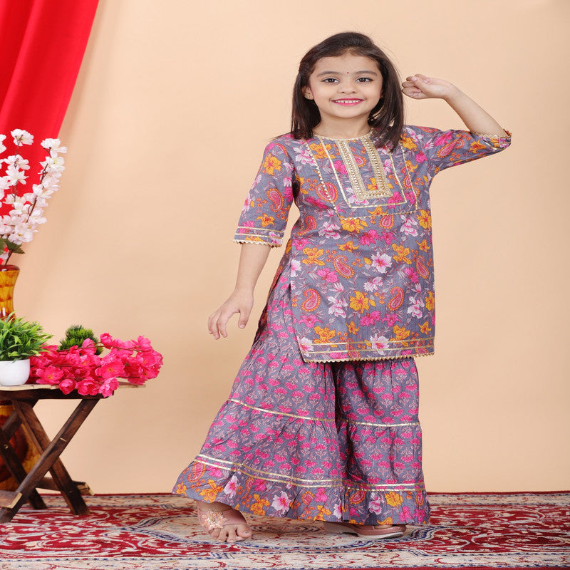 Multi Coloured Pure Cotton with Beautiful Print & Embroidery work Girls Kids Designer Party wear Kurti with Sharara!!