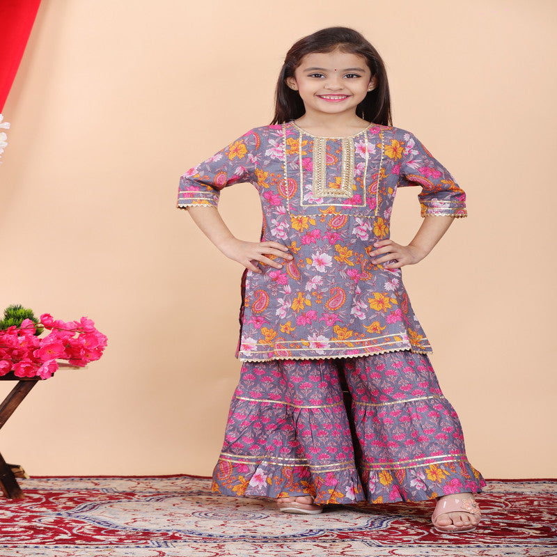 Multi Coloured Pure Cotton with Beautiful Print & Embroidery work Girls Kids Designer Party wear Kurti with Sharara!!