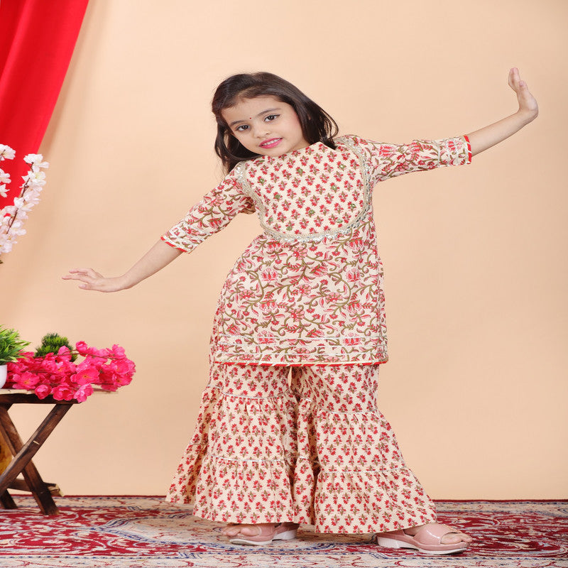 Beige & Multi Coloured Pure Cotton with Beautiful Print & Embroidery work Girls Kids Designer Party wear Kurti with Sharara!!