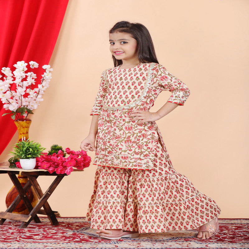 Beige & Multi Coloured Pure Cotton with Beautiful Print & Embroidery work Girls Kids Designer Party wear Kurti with Sharara!!