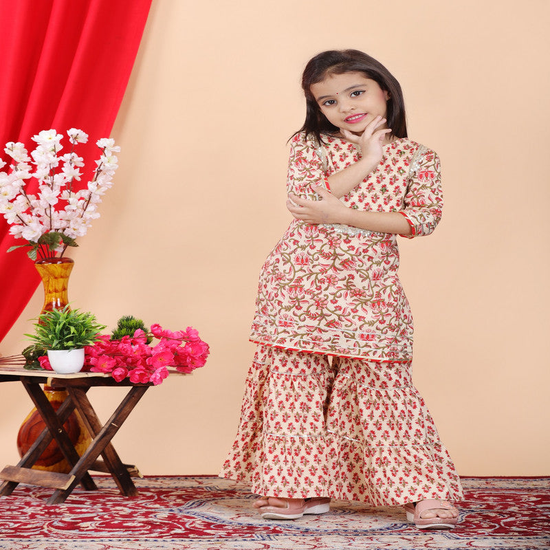 Beige & Multi Coloured Pure Cotton with Beautiful Print & Embroidery work Girls Kids Designer Party wear Kurti with Sharara!!