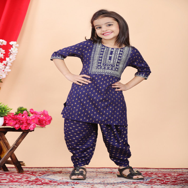 Blue Coloured Premium Rayon with Beautiful Print & Embroidery work Girls Kids Designer Party wear Kurti with Dhoti!!