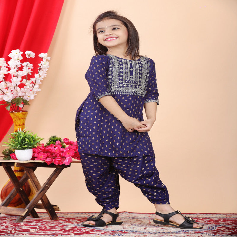 Blue Coloured Premium Rayon with Beautiful Print & Embroidery work Girls Kids Designer Party wear Kurti with Dhoti!!