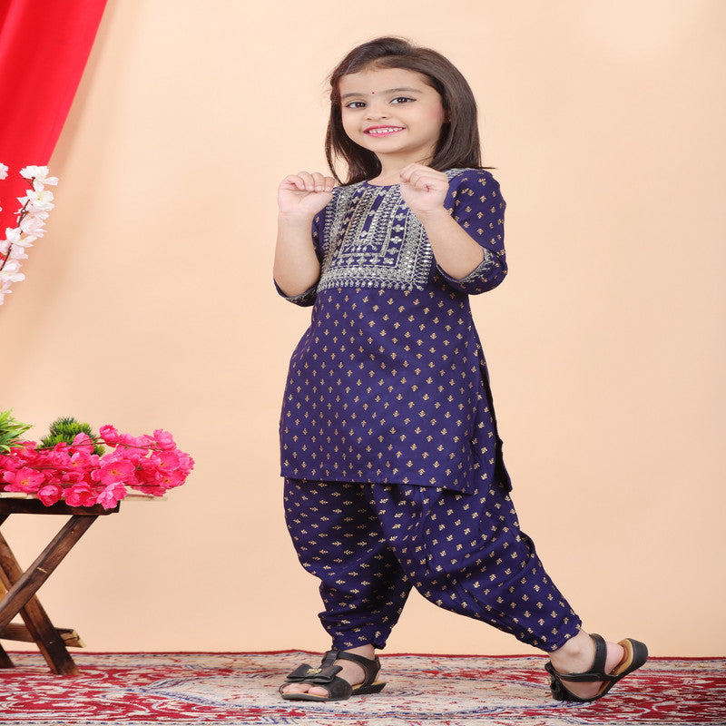 Blue Coloured Premium Rayon with Beautiful Print & Embroidery work Girls Kids Designer Party wear Kurti with Dhoti!!