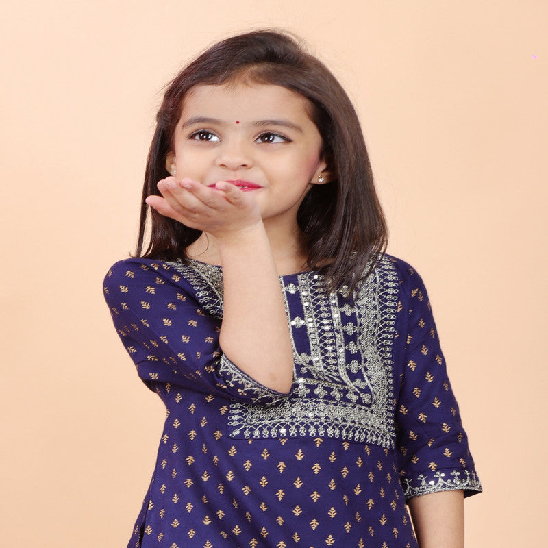 Blue Coloured Premium Rayon with Beautiful Print & Embroidery work Girls Kids Designer Party wear Kurti with Dhoti!!