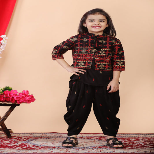 Black & Maroon Coloured Premium Rayon with Beautiful Print Sleeveless Girls Kids Designer Party wear Kurti with Dhoti & Jacket!!