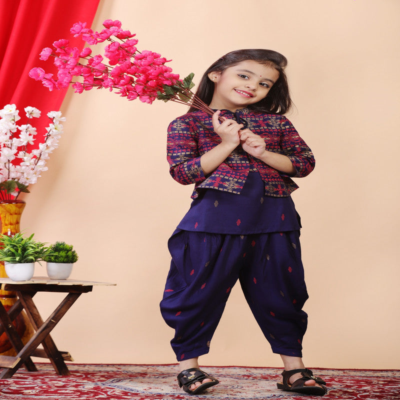 Blue & Multi Coloured Premium Rayon with Beautiful Print Sleeveless Girls Kids Designer Party wear Kurti with Dhoti & Jacket!!