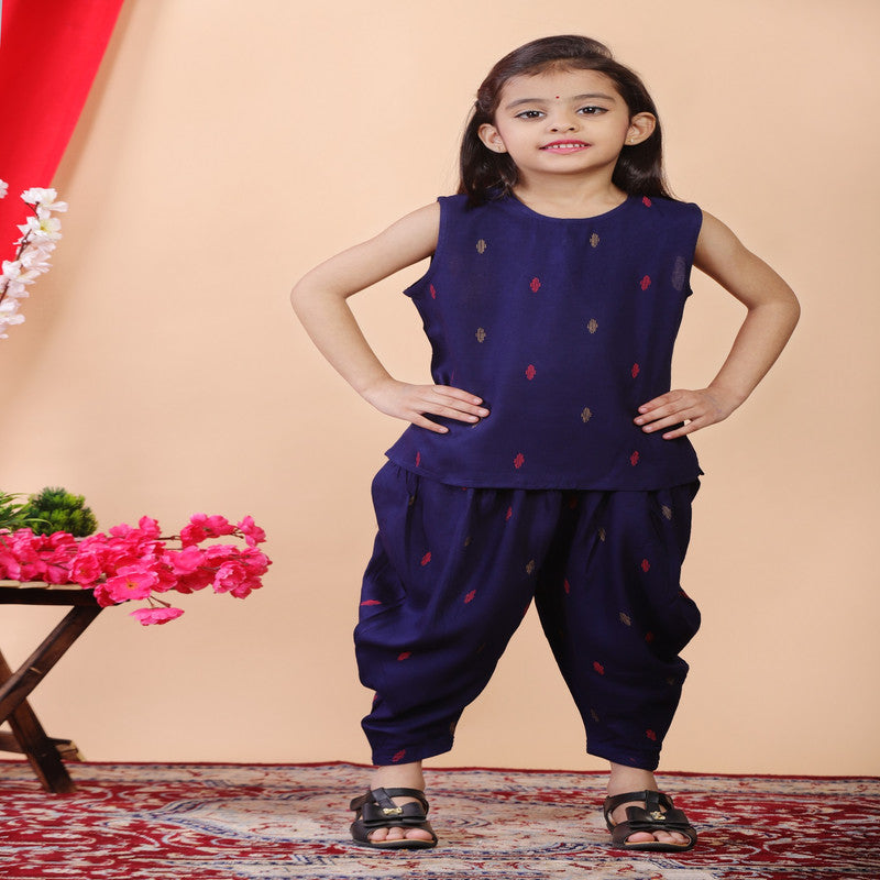 Blue & Multi Coloured Premium Rayon with Beautiful Print Sleeveless Girls Kids Designer Party wear Kurti with Dhoti & Jacket!!