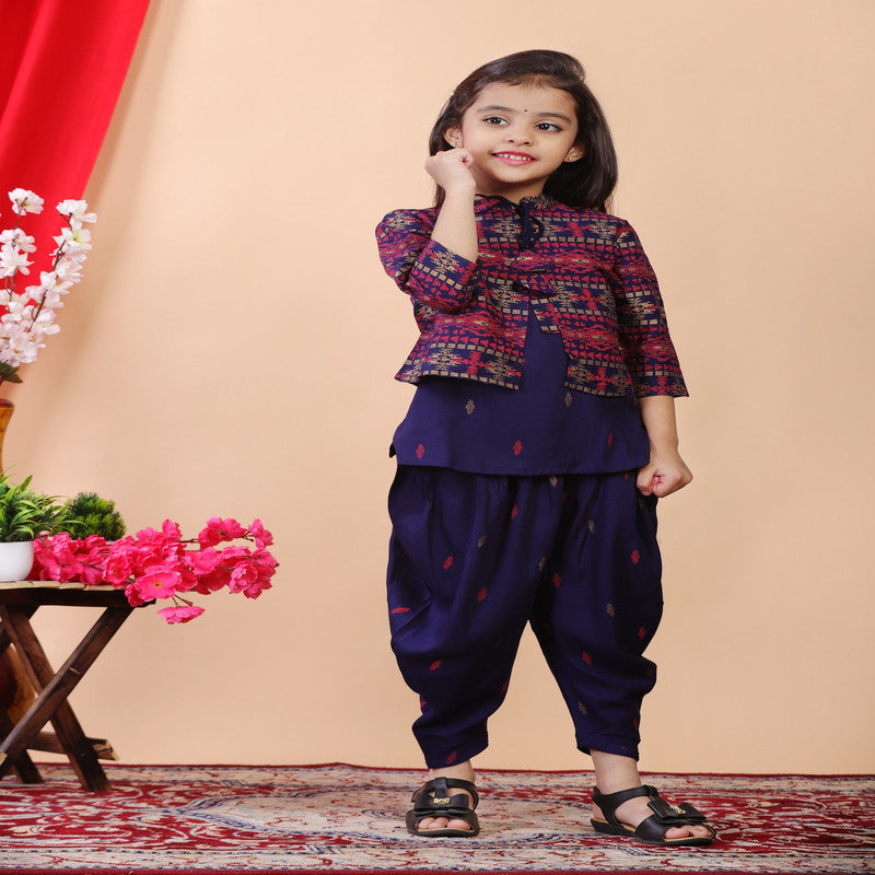 Blue & Multi Coloured Premium Rayon with Beautiful Print Sleeveless Girls Kids Designer Party wear Kurti with Dhoti & Jacket!!