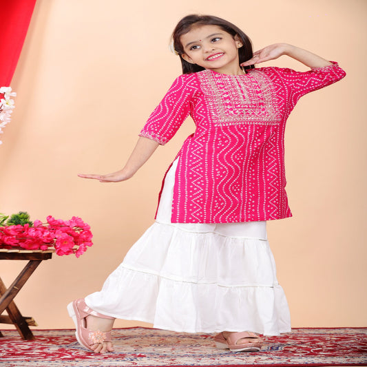 Pink & White Coloured Premium Rayon with Beautiful Print & Embroidery Work Girls Kids Designer Party wear Kurti with Sharara!!