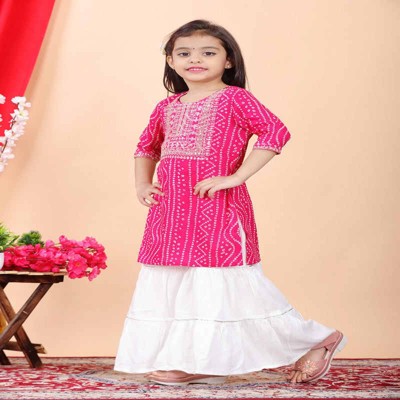 Pink & White Coloured Premium Rayon with Beautiful Print & Embroidery Work Girls Kids Designer Party wear Kurti with Sharara!!