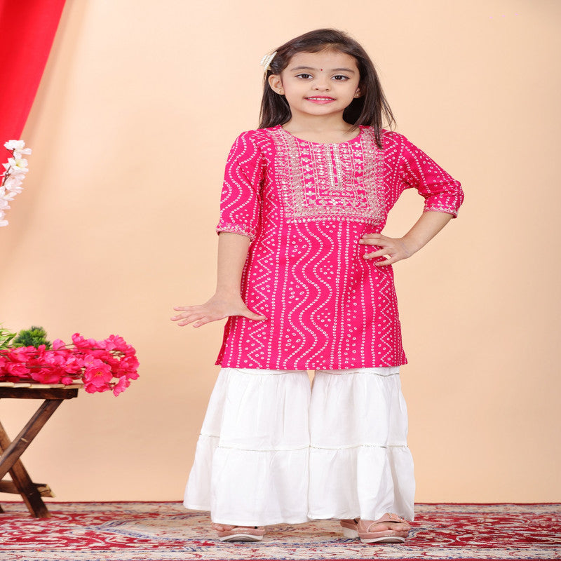 Pink & White Coloured Premium Rayon with Beautiful Print & Embroidery Work Girls Kids Designer Party wear Kurti with Sharara!!