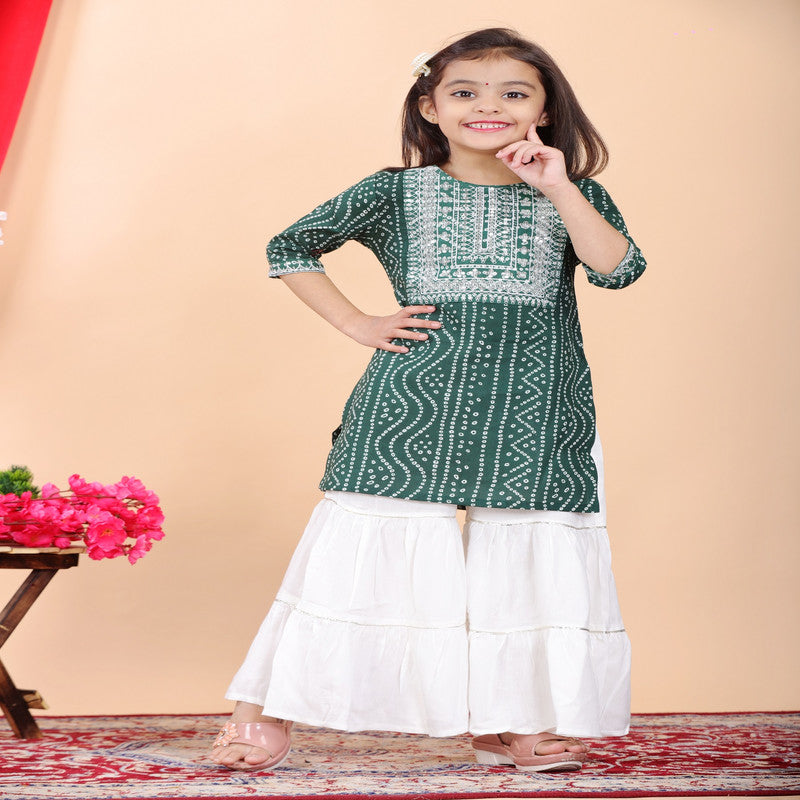 Green & White Coloured Premium Rayon with Beautiful Print & Embroidery Work Girls Kids Designer Party wear Kurti with Sharara!!