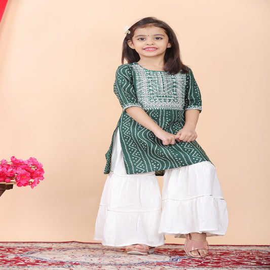 Green & White Coloured Premium Rayon with Beautiful Print & Embroidery Work Girls Kids Designer Party wear Kurti with Sharara!!