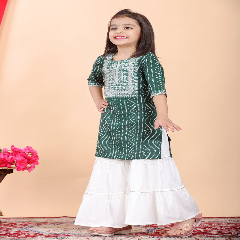 Green & White Coloured Premium Rayon with Beautiful Print & Embroidery Work Girls Kids Designer Party wear Kurti with Sharara!!