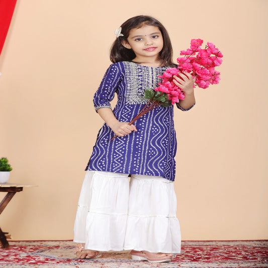Blue & White Coloured Premium Rayon with Beautiful Print & Embroidery Work Girls Kids Designer Party wear Kurti with Sharara!!