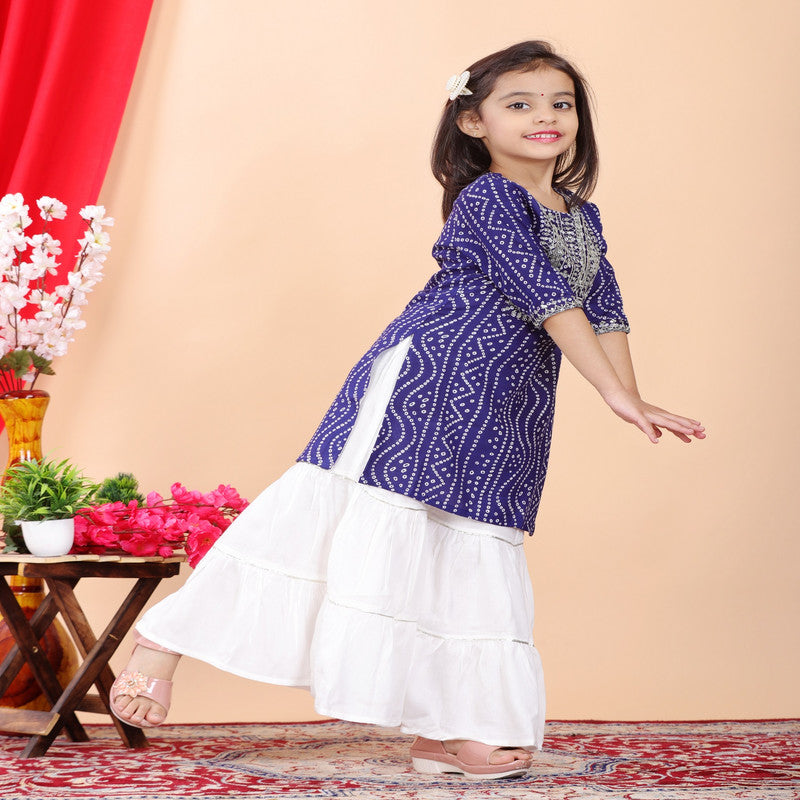 Blue & White Coloured Premium Rayon with Beautiful Print & Embroidery Work Girls Kids Designer Party wear Kurti with Sharara!!